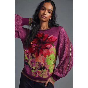 Floral Mixed Media Knit top- Eyelet Sleeve- Raspberry Plum Anthrop Bl-nk London